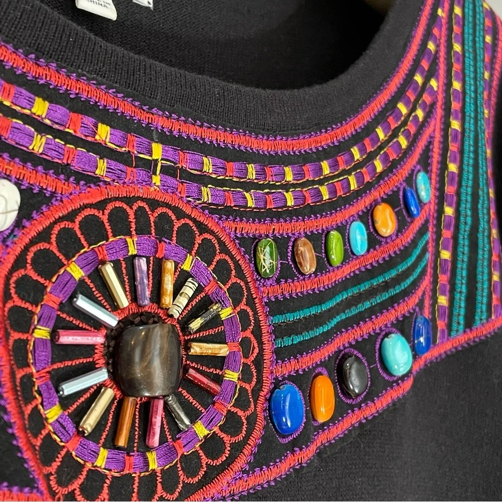 Joseph A. Bohemian Blouse Size XL Black Beautiful Embroidery Beaded 3/4 Sleeve - Picture 2 of 11